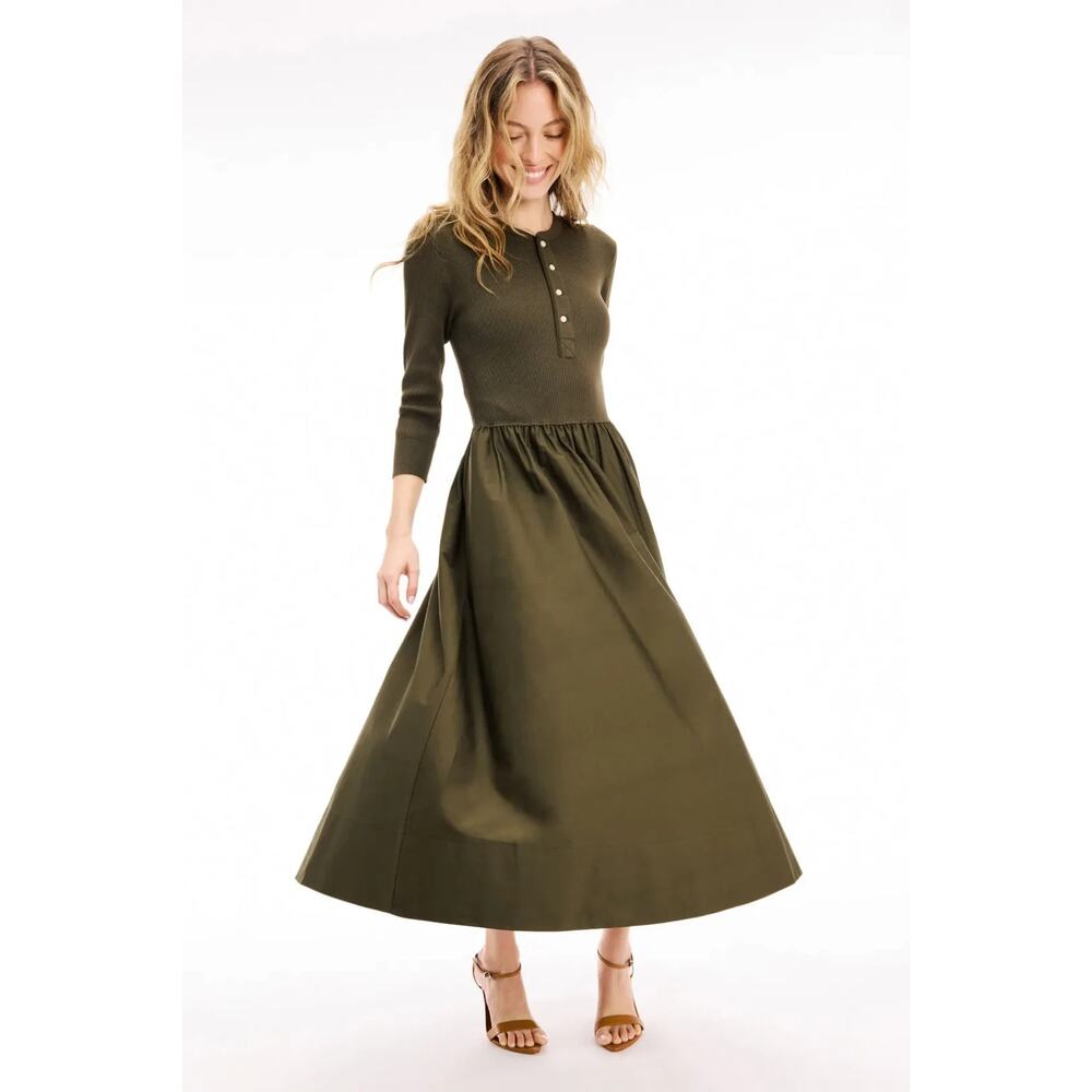 Polo Ralph Lauren Henley Bodice Dress Midi Dress Cotton Olive, Sz L, Rt $398